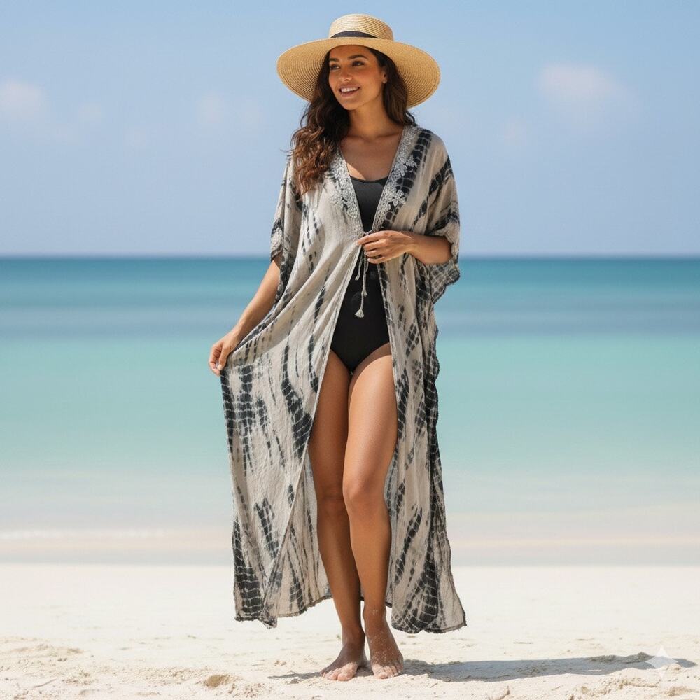 Luminary Fine Collection Cotton Kimono Duster Tie Dye Embroidered Kaftan Maxi OS